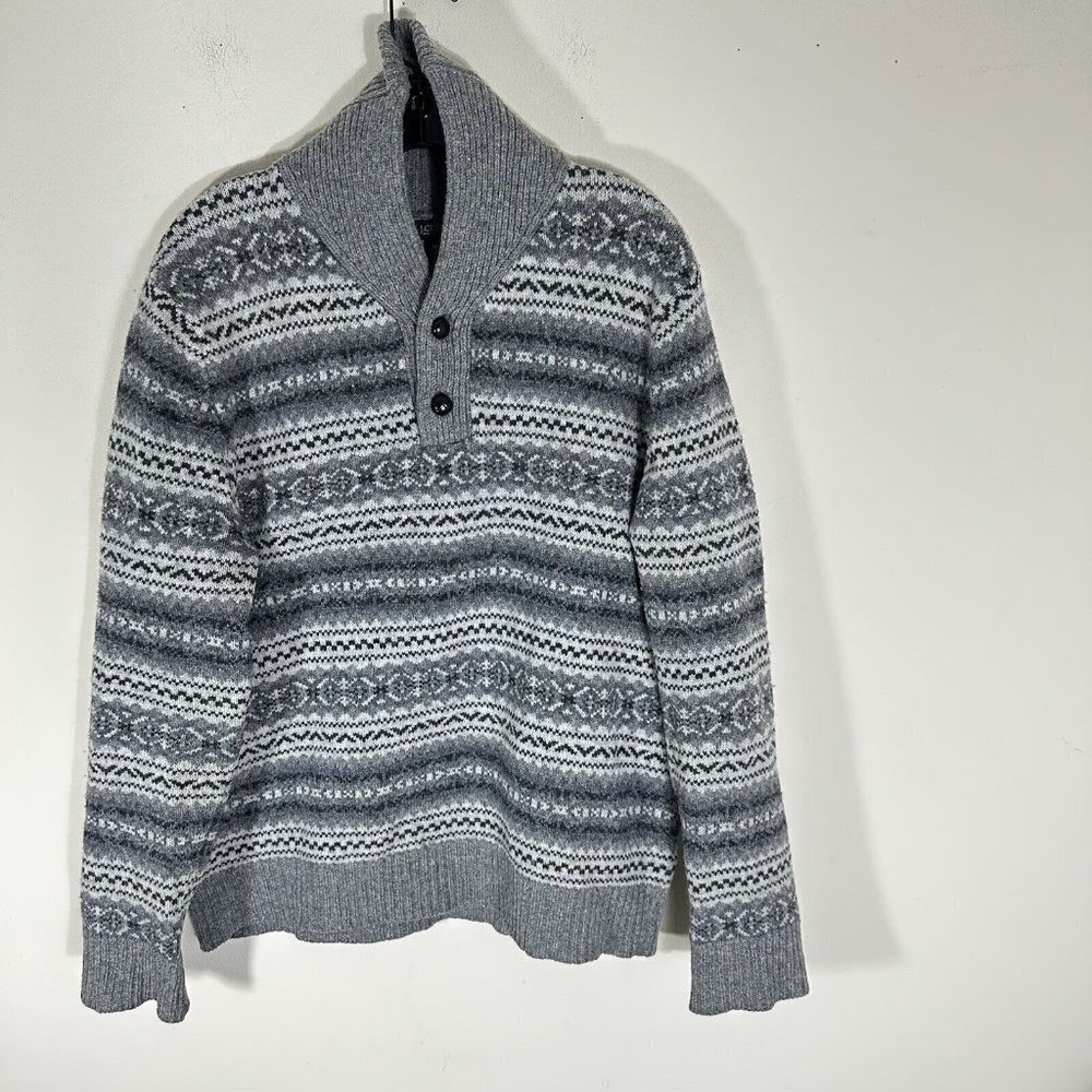 J Crew Sweater Men's M 100% Lambswool Shawl Neck Pullover Gray Nordic